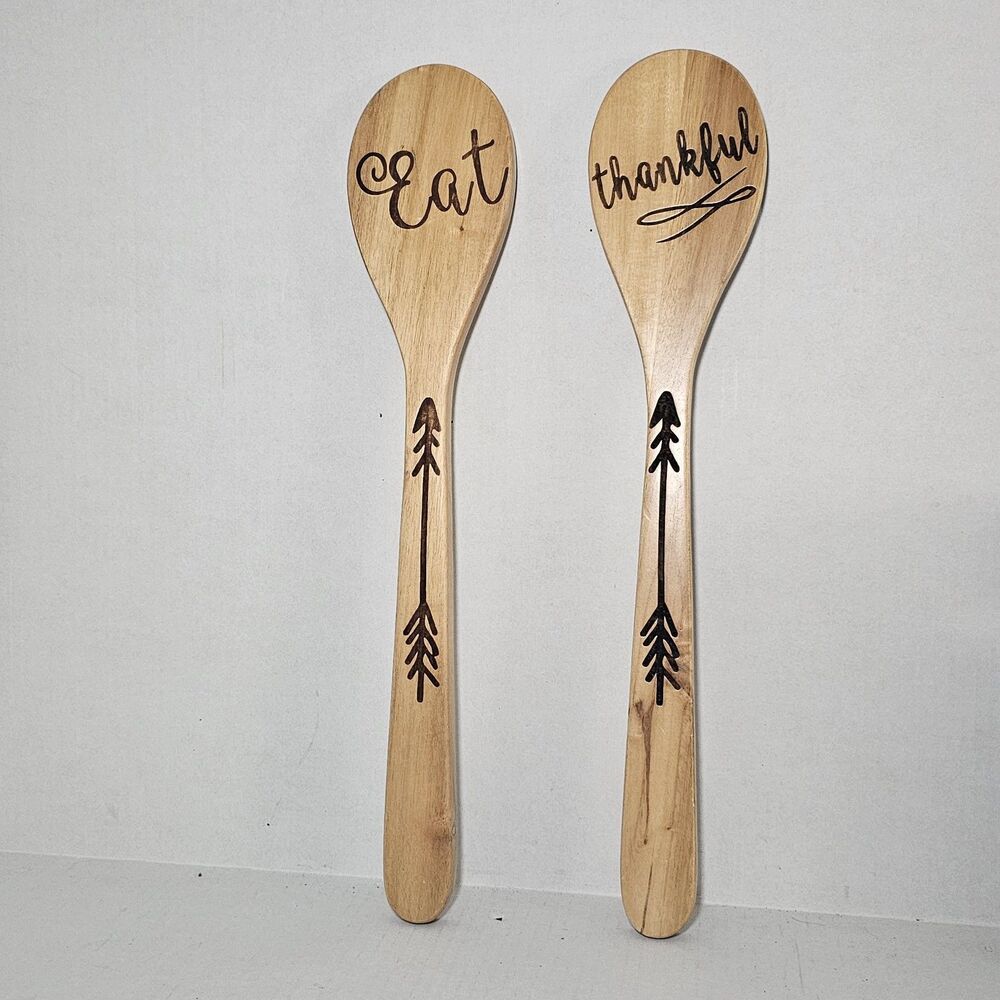 Rare Set Of Wooden Spoon Wall Art Eat Thankful Pyrography